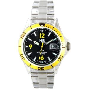 FHB Fun Watch, Opaque Quartz Uhr mit Gliederarmband schwarz/gelb