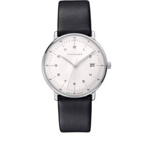Junghans MAX BILL 33 Quartzuhr, Stahl weiss Zahlen Leder