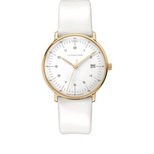 Junghans MAX BILL 33 Quartzuhr, vergoldet weiss Zahlen Leder