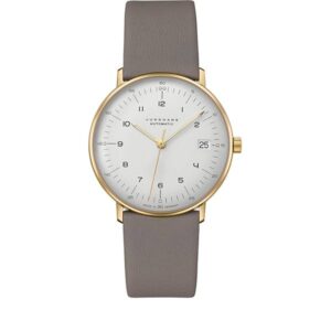 Junghans MAX BILL 34 Automatikuhr, rosé weiss Zahlen Leder grau