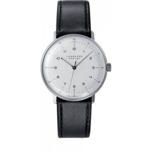 Junghans MAX BILL 34 Handaufzuguhr, Stahl weiss Zahlen Leder schwarz