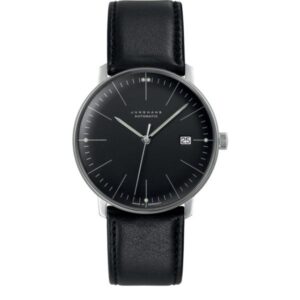 Junghans MAX BILL 38 Automatikuhr, Stahl schwarz Index Leder Datum
