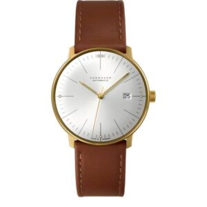 Junghans MAX BILL 38 Automatikuhr, vergoldet hellgrau Index Leder