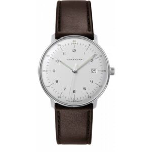 Junghans MAX BILL 38 Quartzuhr, Stahl weiss Zahlen Leder