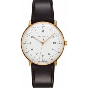 Junghans MAX BILL 38 Quartzuhr, vergoldet weiss Zahlen Leder