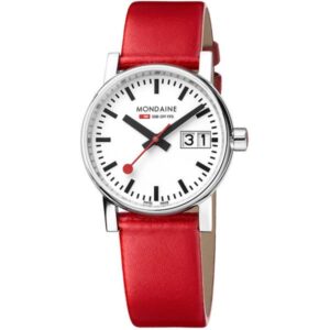 MONDAINE Evo2 30, Damen Bahnhofsuhr Big Date, Saphirglas rot
