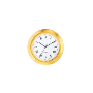 Mini-Einsteckwerk Import Trommel Ø 27mm, Lünette Ø 30,5mm vergoldet, Zifferblatt weiß-antik, römische Zahlen