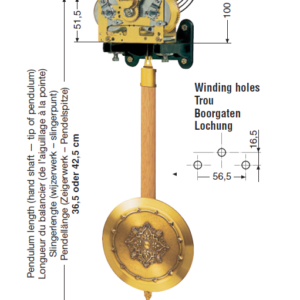Federzugwerk MF Hermle, 14-Tage, Pendellänge 42,5 cm, mit Tonfederschlag