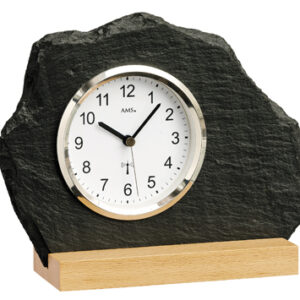AMS Funk-Tischuhr Naturschiefer, Alu-Frontreif weiß