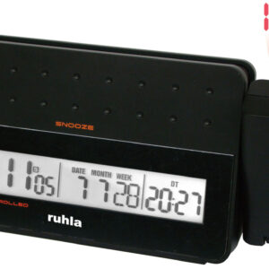 UMR Funk-Projektionswecker schwarz mit 2 Weckzeiten, Weckwiederholung, Wochentage in 7 Sprachen, Temperatur