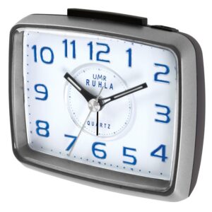 UMR Quarzwecker silber, mit schleichender Sekunde, Oben-Absteller und super LED-Beleuchtung