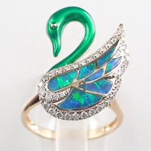 14k Gelbgold Opalring mit Black Crystal Opal Inlays und Diamanten – Extravagantes Schwan-Design mit Lightning Ridge Opalen
