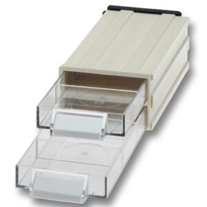 Flume-Box 2/2 mit 2 Schubladen und je 2 herausnehmbaren Facheinteilungen. Schubladen innen 129 x 57 x 13 mm.