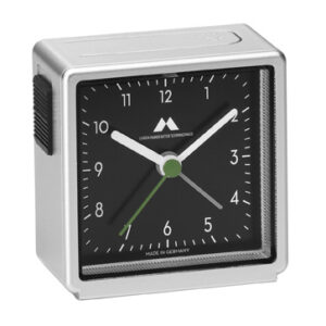 Quarz-Wecker made in Germany Gehäuse Silber, Zifferblatt schwarz