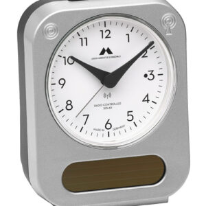 Funk-Solar-Wecker made in Germany Gehäuse silber/ Zifferblatt weiß