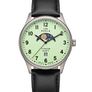 Uhren Manufaktur Ruhla - Mondphase-Uhr - Titan - Leuchtzifferblatt - Lederband - made in Germany