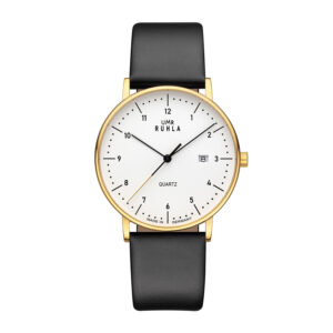 Uhren Manufaktur Ruhla - Armbanduhr Classic - goldfarb. Gehäuse, weiß, braunes Lederband