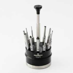 Sortiment von 12 Fräsern mit 1 Fräserhalter auf drehbarem Sockel Bergeon