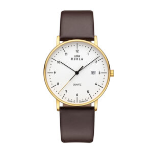Uhren Manufaktur Ruhla - Armbanduhr Classic - goldfarb. Gehäuse, weiß, schwarzes Lederband