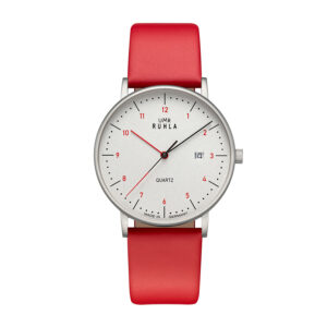 Uhren Manufaktur Ruhla - Armbanduhr Classic, silbernes Geh., weiß, rotes Lederband