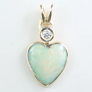 750er Gelbgold Herzanhänger mit GEM Class White Opal aus Coober Pedy Australien und natürlichem Diamant – 2,58 ct Multicolor Farbenspiel