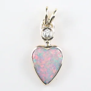 750er Gelbgold Herzanhänger mit GEM Class White Opal aus Coober Pedy Australien und natürlichem Diamant – 1,65 ct Multicolor Farbenspiel