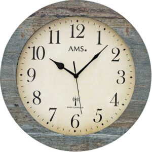 AMS Funk-Wanduhr Holz/ Glas blau-grau strukturiert