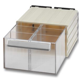 Flume-Box 2/3 mit 1 Schublade mit 2 Fächern und 4 herausnehmbaren Facheinteilungen. Schublade innen zweimal 129 x 57 x 72 mm