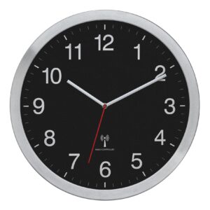 Funk-Wanduhr mit Metallrahmen in XL-Größe, schwarzes Zifferblatt
