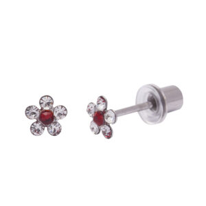 Ohrlino Erstohrstecker Blume, weiß, 5 Kristalle rubinrot und weiß