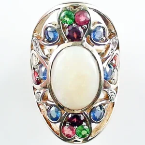 9k Goldring mit australischem White Opal und bunten Edelsteinen - Ring mit Opal und Saphiren, Danburit sowie Rhodolith